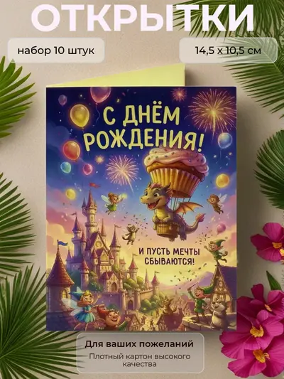 Открытка детская "С Днём Рождения" дракон, 10,5 х 14,5 см., набор 10 шт.